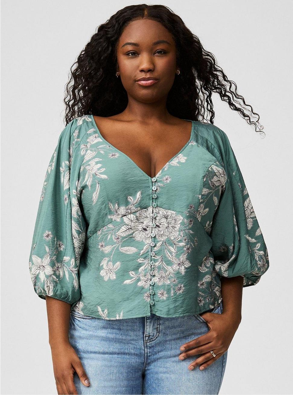 Button Front V-Neck Crop Blouse  Product Image