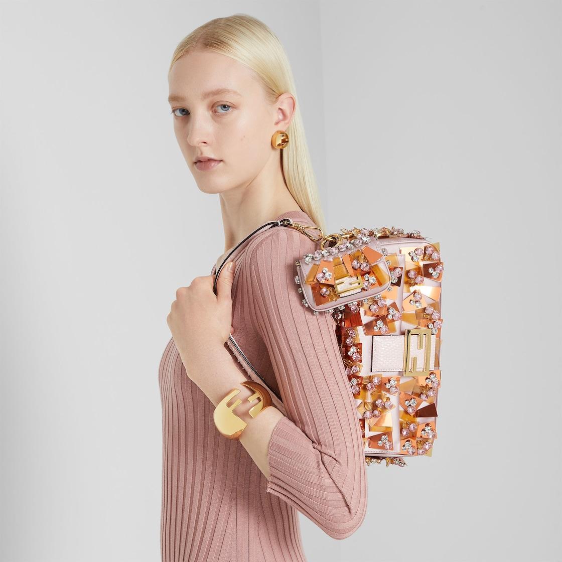 BaguettePink satin bag with appliqués Product Image