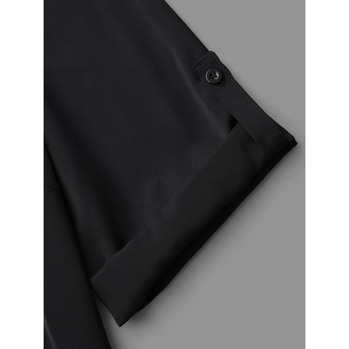 Plus Size Black Plain V Neck Half Zip Tab Sleeve Blouse Women Leisure Elbow-length sleeve V-neck Casual Blouses BloomChic 30/6X Product Image