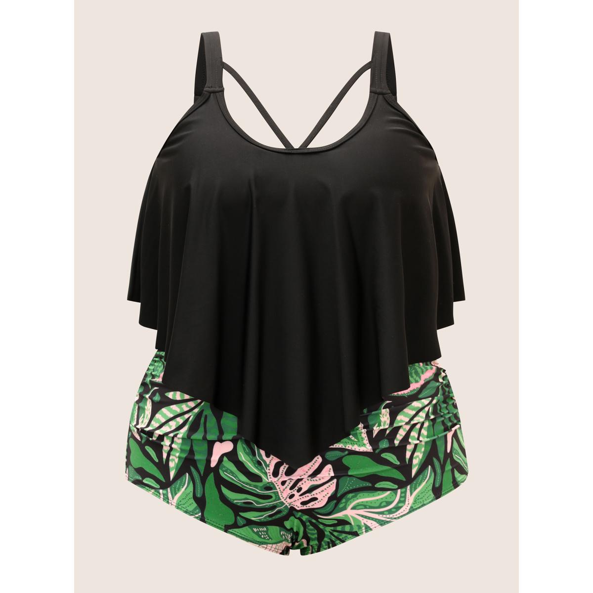 Plus Size Tropical Print Patchwork Crisscross One Piece Swimsuit Women's Swimwear Black Beach Gathered Curve Bathing Suits High stretch One Pieces BloomChic 26/4X Product Image