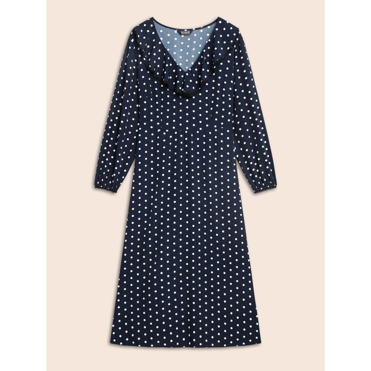 Plus Size Polka Dot Ruffle Trim Midi Dress DarkBlue Women Elegant Ruffles V-neck Long Sleeve Curvy BloomChic 18-20/2X Product Image