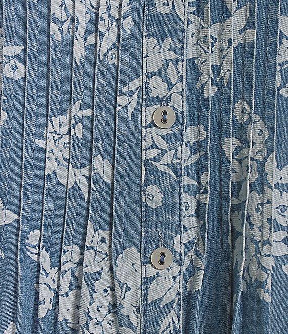 Allison Daley Petite Size Blooming Flowers Print Short Tie Sleeve Y-Neck Button Front Pintuck Blouse Product Image