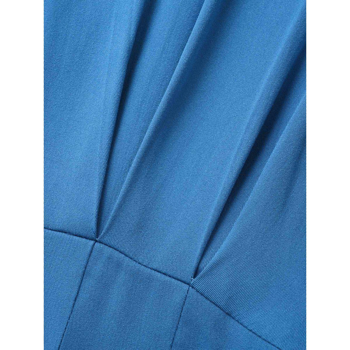 Plus Size Plain Shirt Collar Pleated Midi Dress Mediumblue Women At the Office Pleated Shirt collar Short sleeve Curvy BloomChic 10/M Product Image