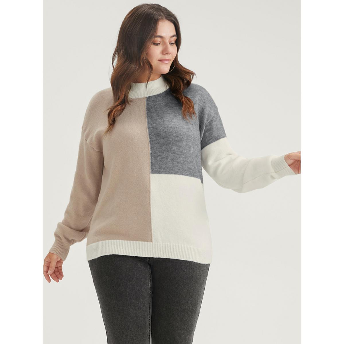 Plus Size Colorblock Contrast Pointelle Knit Heather Mock Neck Knit Top Multicolor Women Casual Long Sleeve Mock Neck Dailywear Pullovers BloomChic 30/6X Product Image