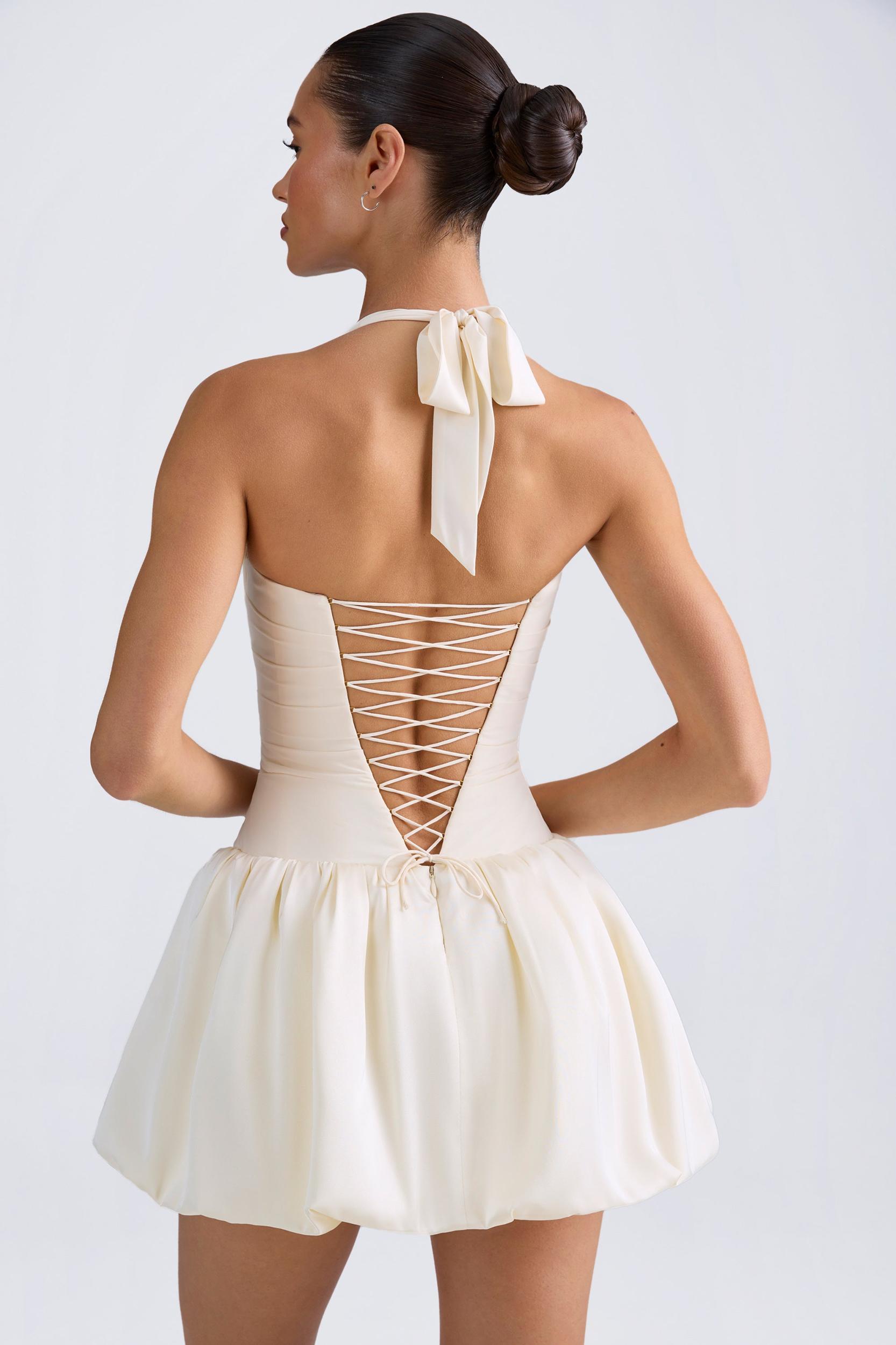 Halterneck Lace-Up Bubble Hem Corset Micro Mini Dress in Ivory Product Image