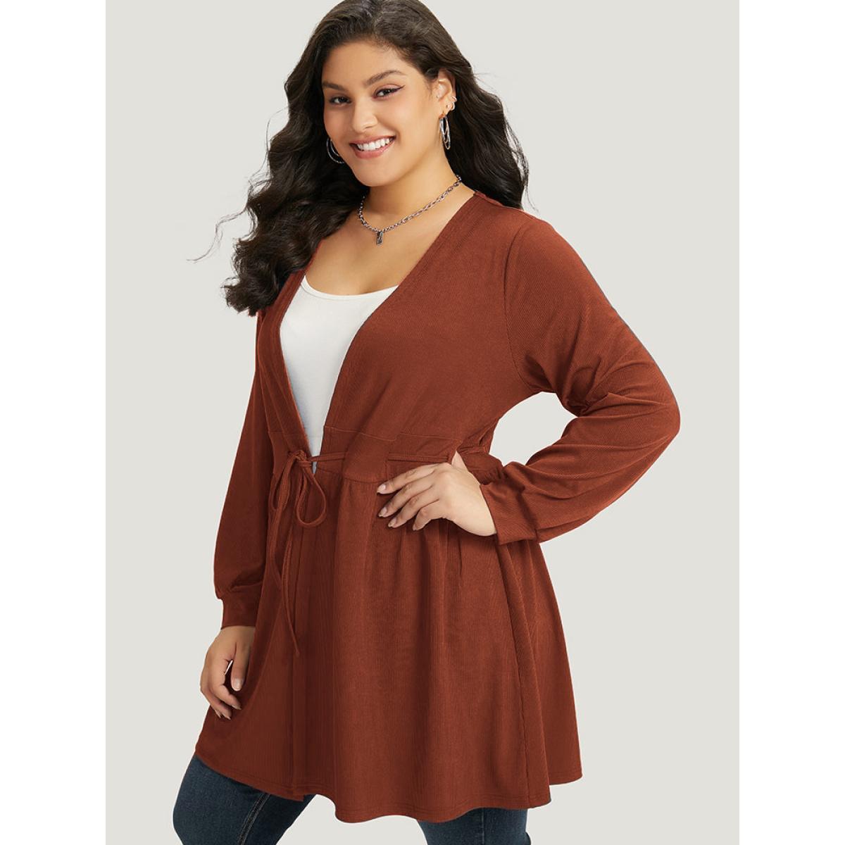 Plus Size Plain Drawstring Knot Gathered Open Front Coat Women Cyan Casual Plain Dailywear Kimonos BloomChic 26/4X Product Image