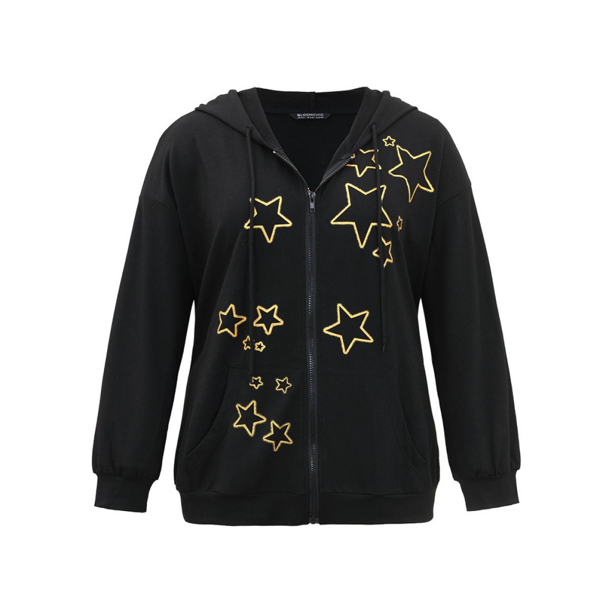 Plus Size Star Zipper Pocket Hooded Sweatshirt Women Black Casual Printed Hooded Dailywear Sweatshirts BloomChic 28/5X Product Image