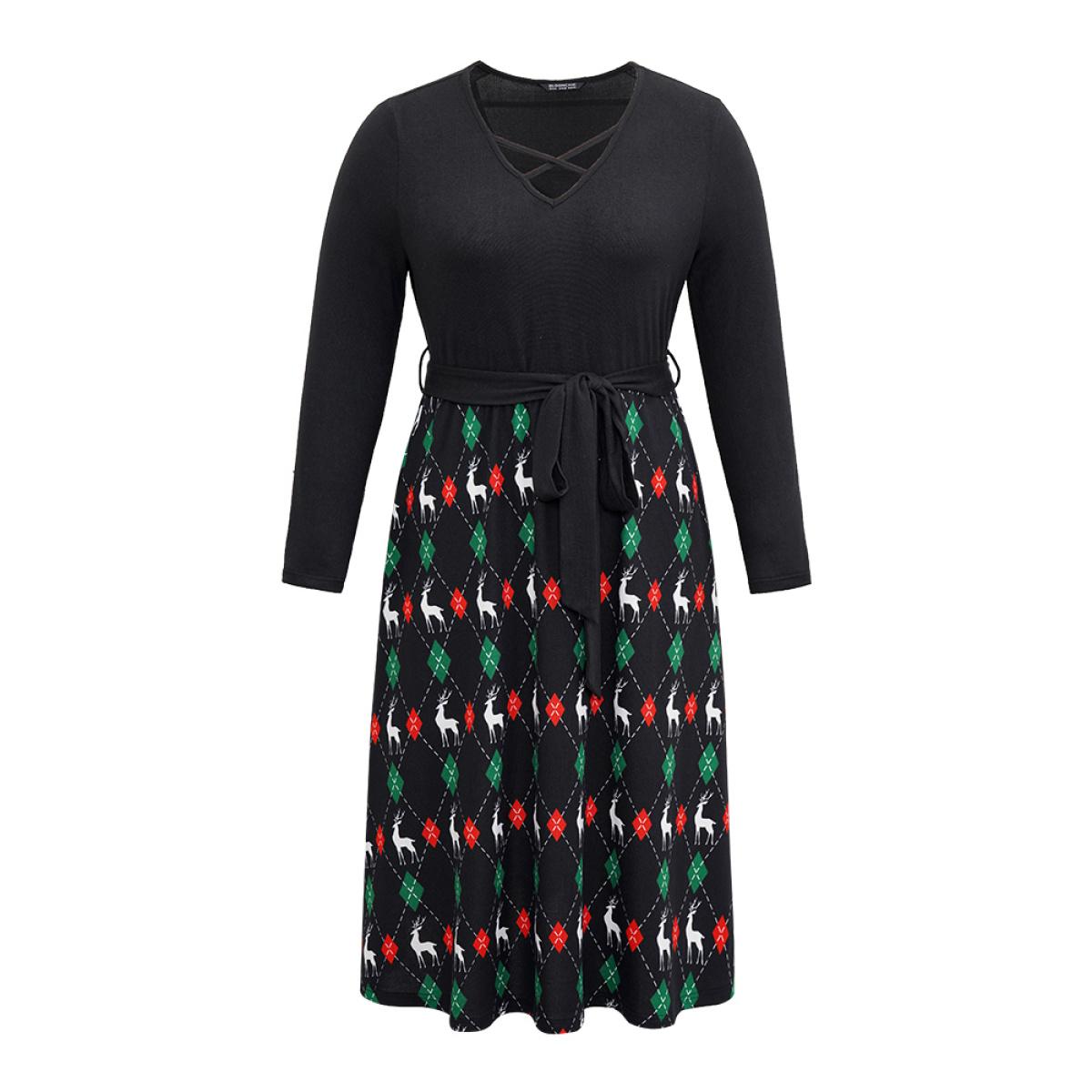 Plus Size Christmas Elk Crisscross Belted Pocket Dress Black Women Office Belted V-neck Long Sleeve Curvy Midi Dress BloomChic 12/L Product Image
