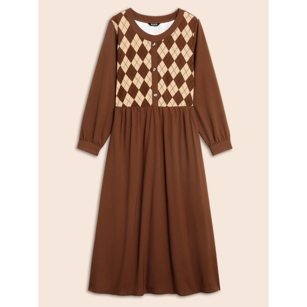Plus Size Geometric Crew Neck Button Detail Dress Browncoffeecolor Women Elegant Patchwork Round Neck Long Sleeve Curvy BloomChic 12/L Product Image