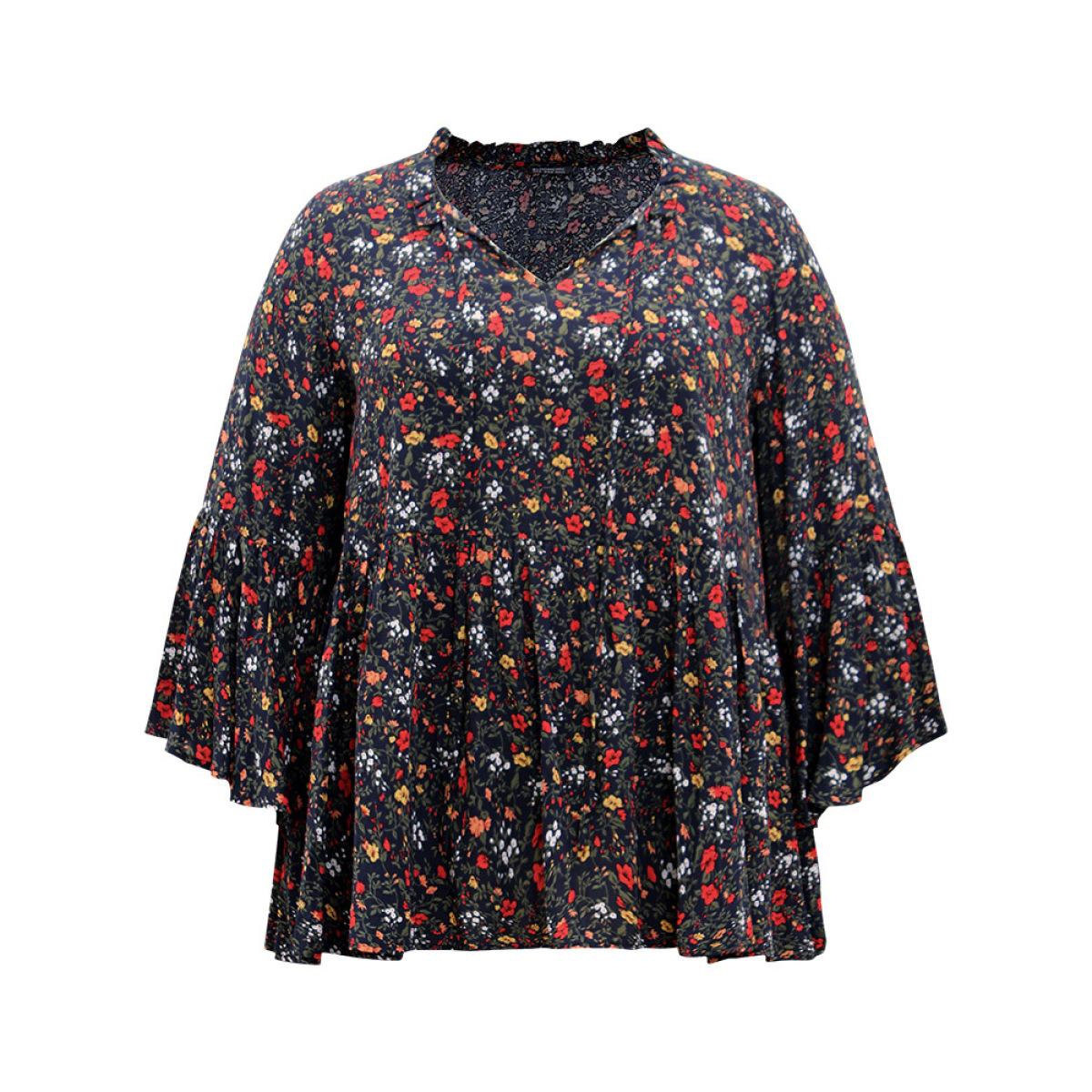 Plus Size Indigo Floral Tie Neck Frill Trim Bell Sleeve Blouse Women Elegant Long Sleeve Tie Neck Dailywear Blouses BloomChic 26/4X Product Image
