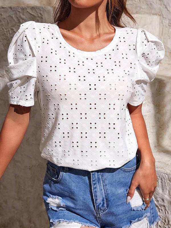Loose Short Sleeves Hollow Pleated Solid Color Round-Neck T-Shirts Tops Product Image