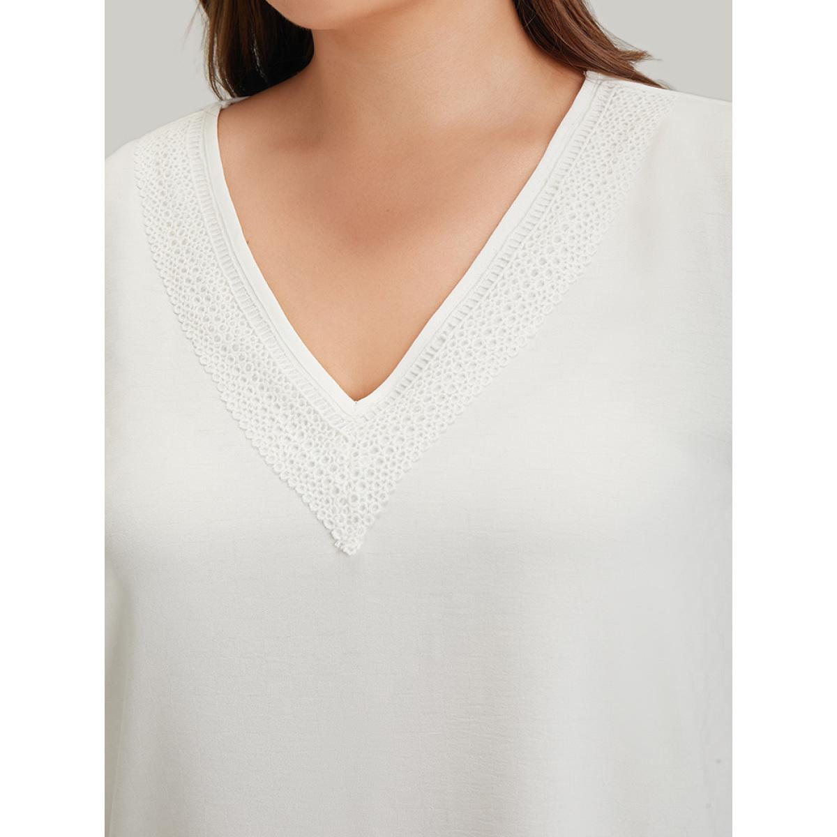 Plus Size Ivory Anti-Wrinkle Plain Lace Cut Out Knot Sleeve Blouse Women Office Short sleeve V-neck Office Blouses BloomChic 12/L Product Image