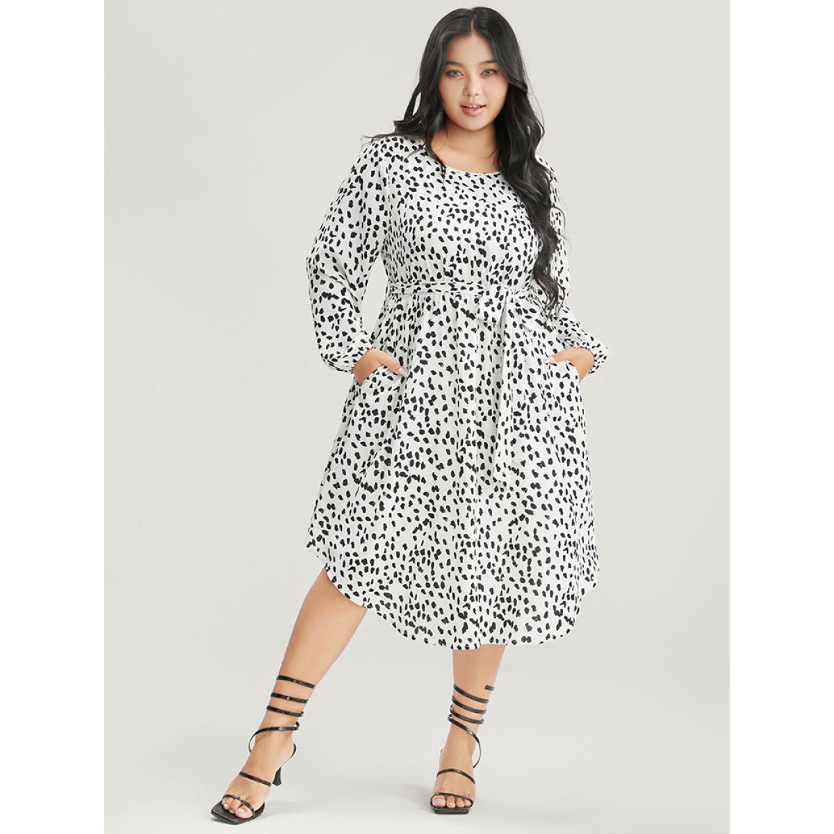 Plus Size Leopard Print Lantern Sleeve Pocket Belted Arc Hem Dress White Women Elegant Pocket Round Neck Long Sleeve Curvy Midi Dress BloomChic 28/5X Product Image