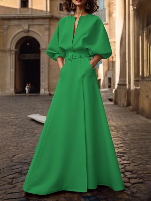 Half Sleeves Loose Belted Solid Color Deep V-Neck Maxi Dresses Product Image
