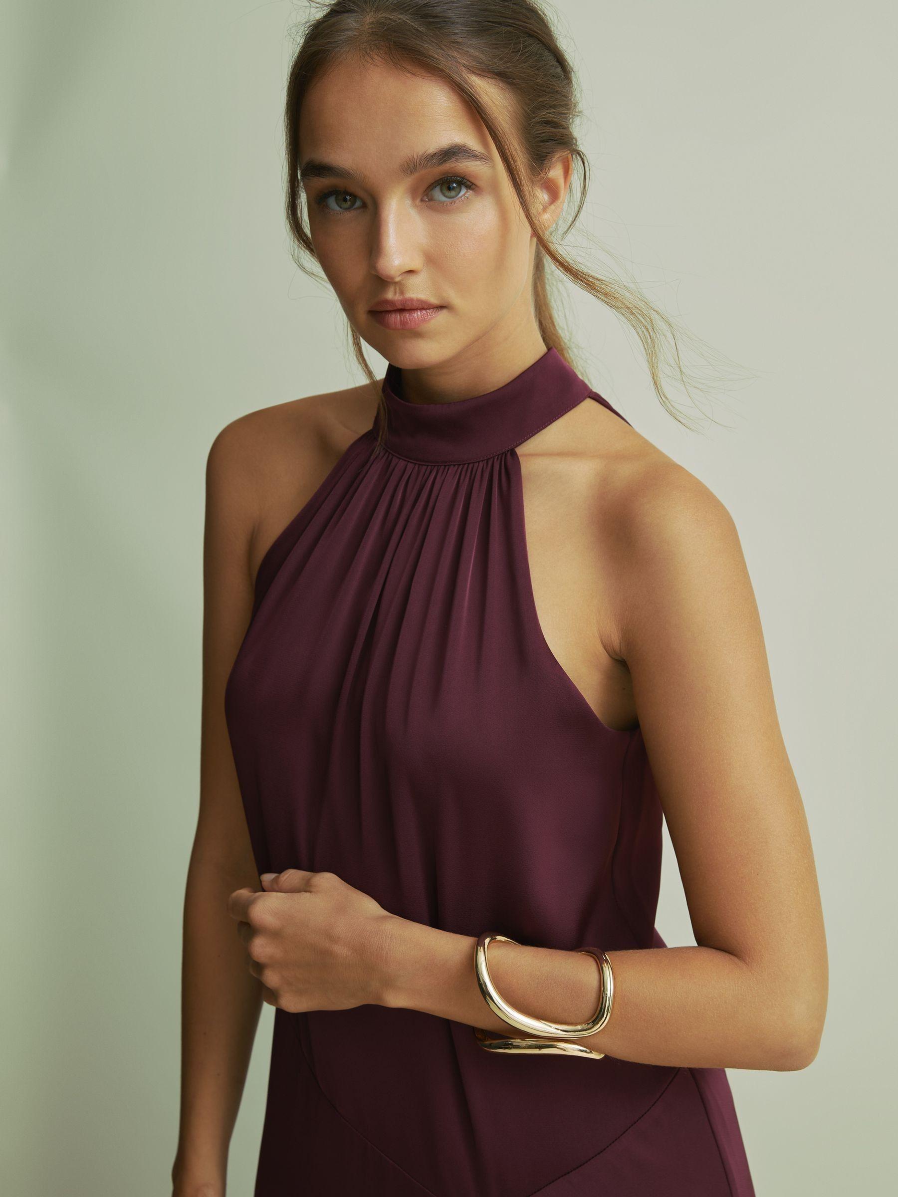 Florere Halter Neck Asymmetric Midi Dress in Burgundy Product Image
