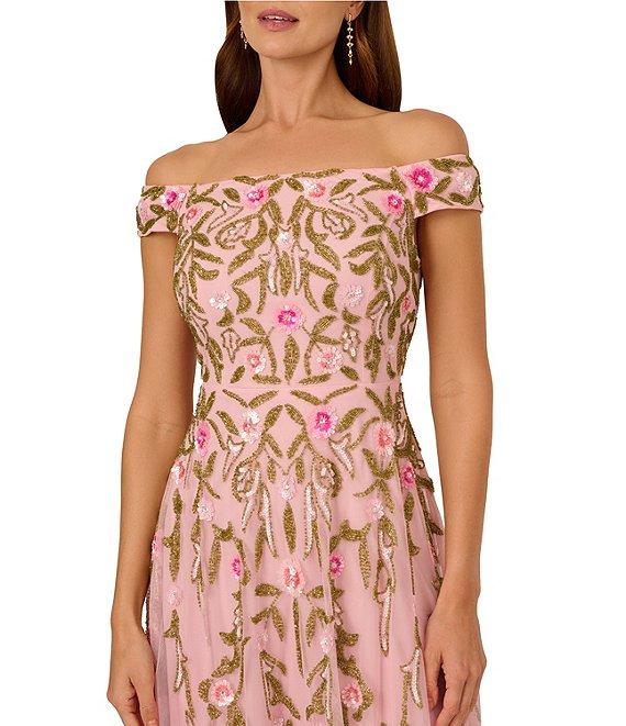Adrianna Papell Off-The-Shoulder Floral Beaded Mesh A-Line Midi Dress Product Image