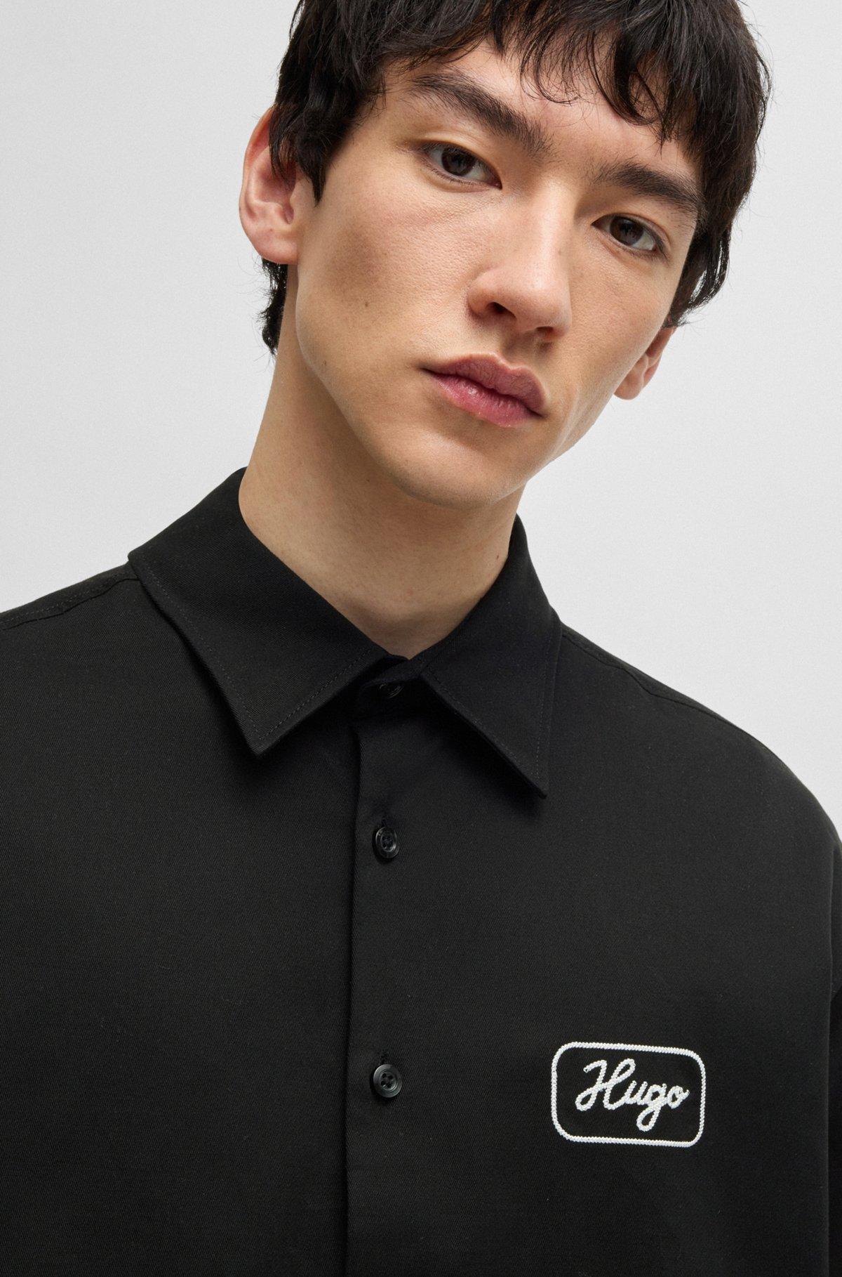 HUGO - Cotton-twill shirt with embroidered artwork - Black Product Image