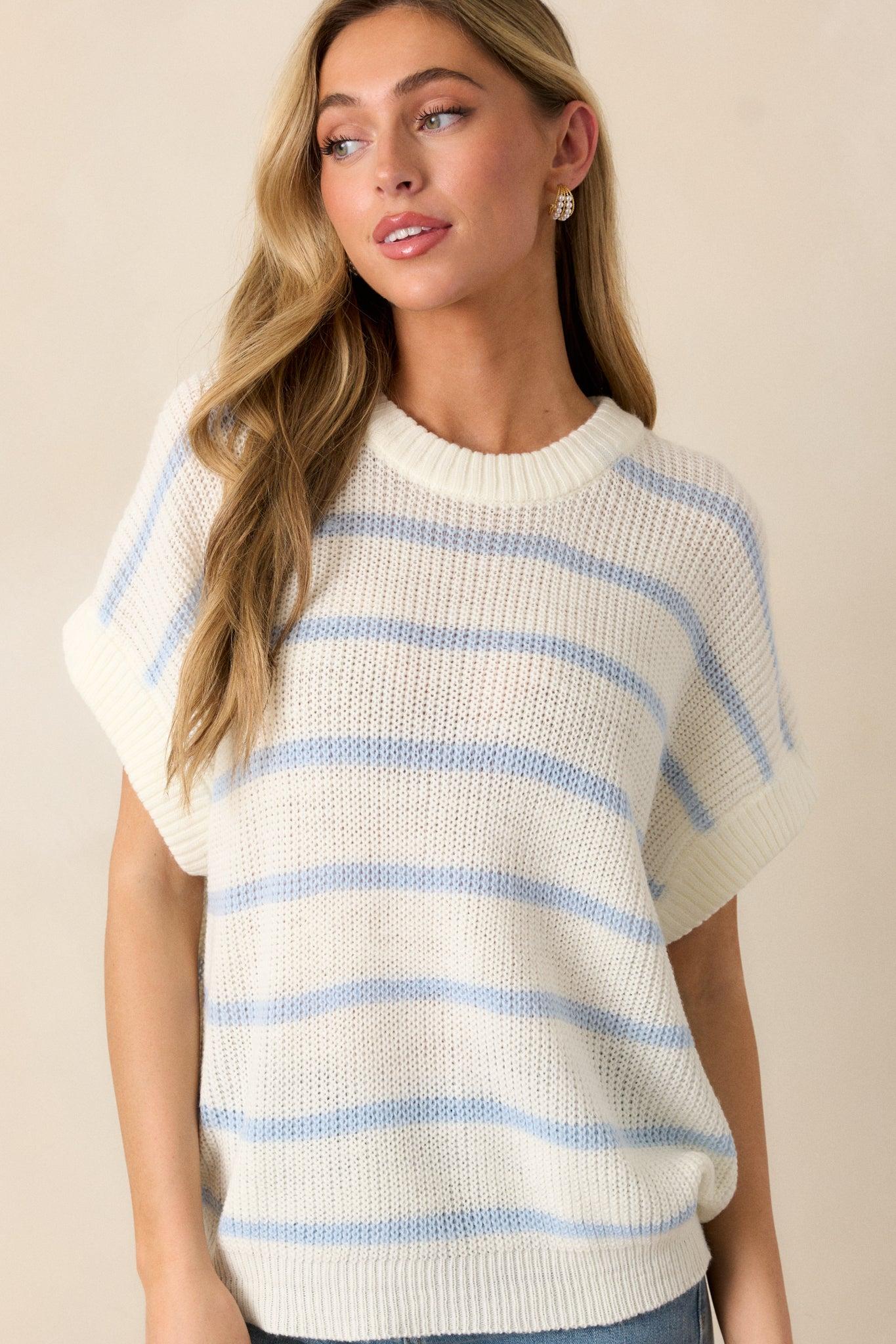 Where You Belong White & Blue Stripe Short Sleeve Sweater Top Product Image