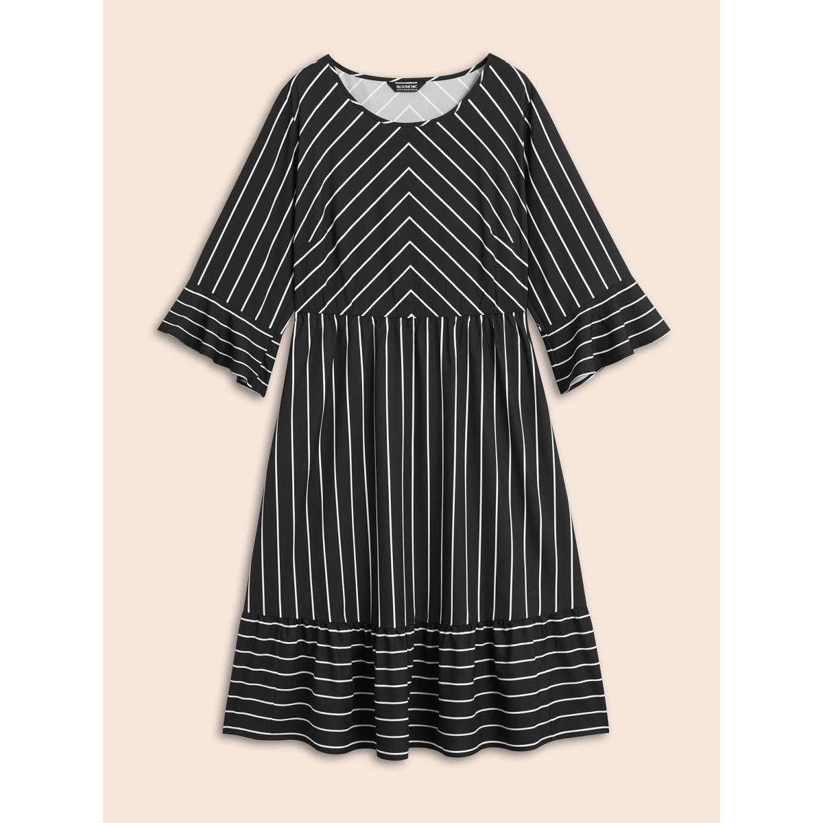 Plus Size Striped Flutter Sleeve Midi Dress Black Women At the Office Ruffles Round Neck Elbow-length sleeve Curvy BloomChic 14-16/1X Product Image