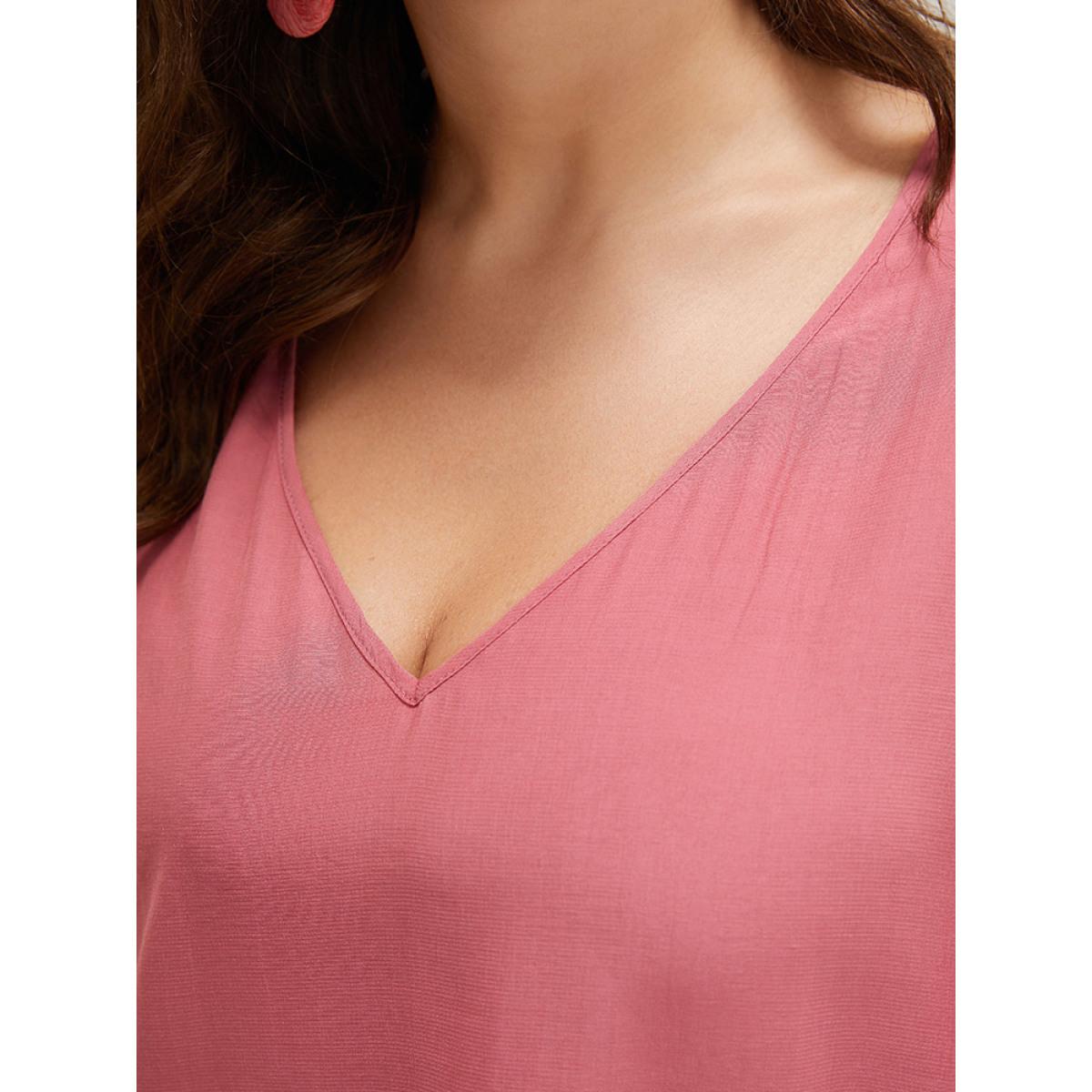 Plus Size DustyPink Solid Tassels Detail Flounce Sleeve Blouse Women Vacation Elbow-length sleeve V-neck Dailywear Blouses BloomChic 14-16/1X Product Image