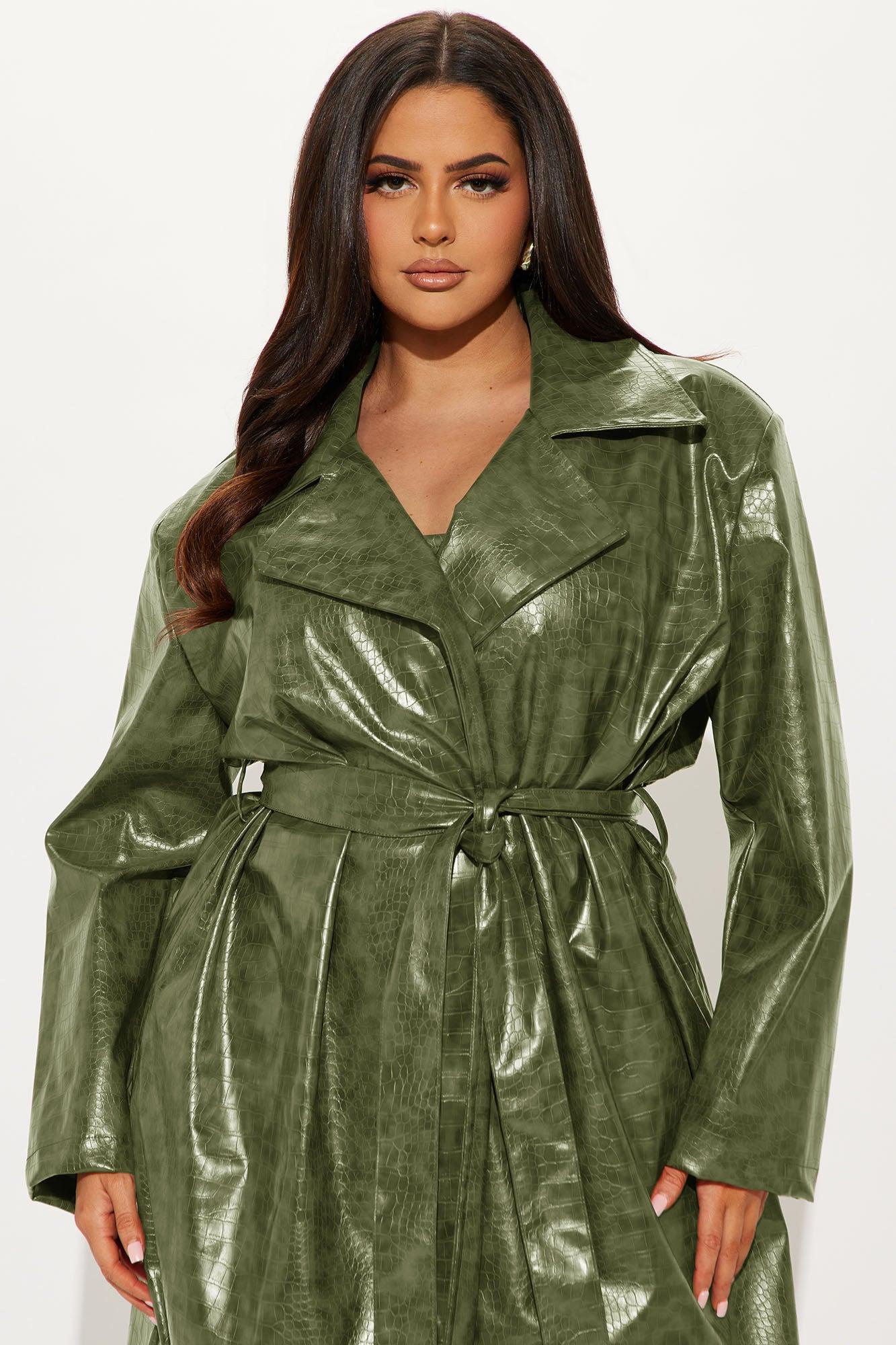 Hit The Gas Faux Leather Trench and Mini Dress Set - Olive Female Product Image