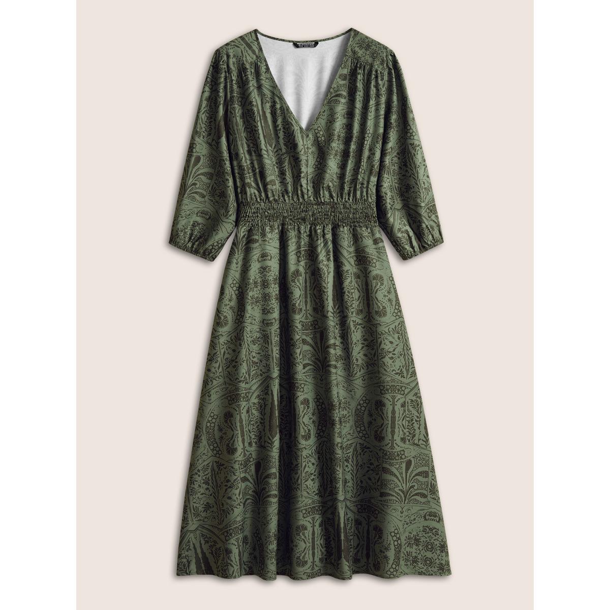 Plus Size Paisley Print Shirred Lantern Sleeve Dress ArmyGreen Women Vacation Elastic cuffs V-neck Elbow-length sleeve Curvy Midi Dress BloomChic 14-16/1X Product Image