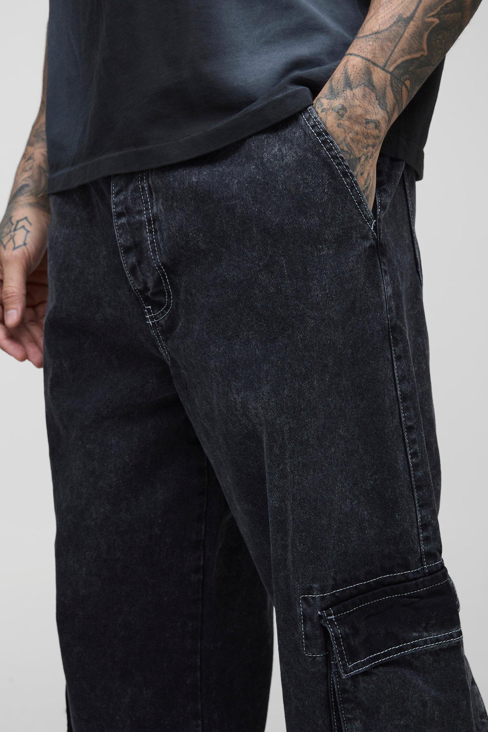 Tall Acid Wash Contrast Stitch Cargo Jeans | boohooMAN USA Product Image