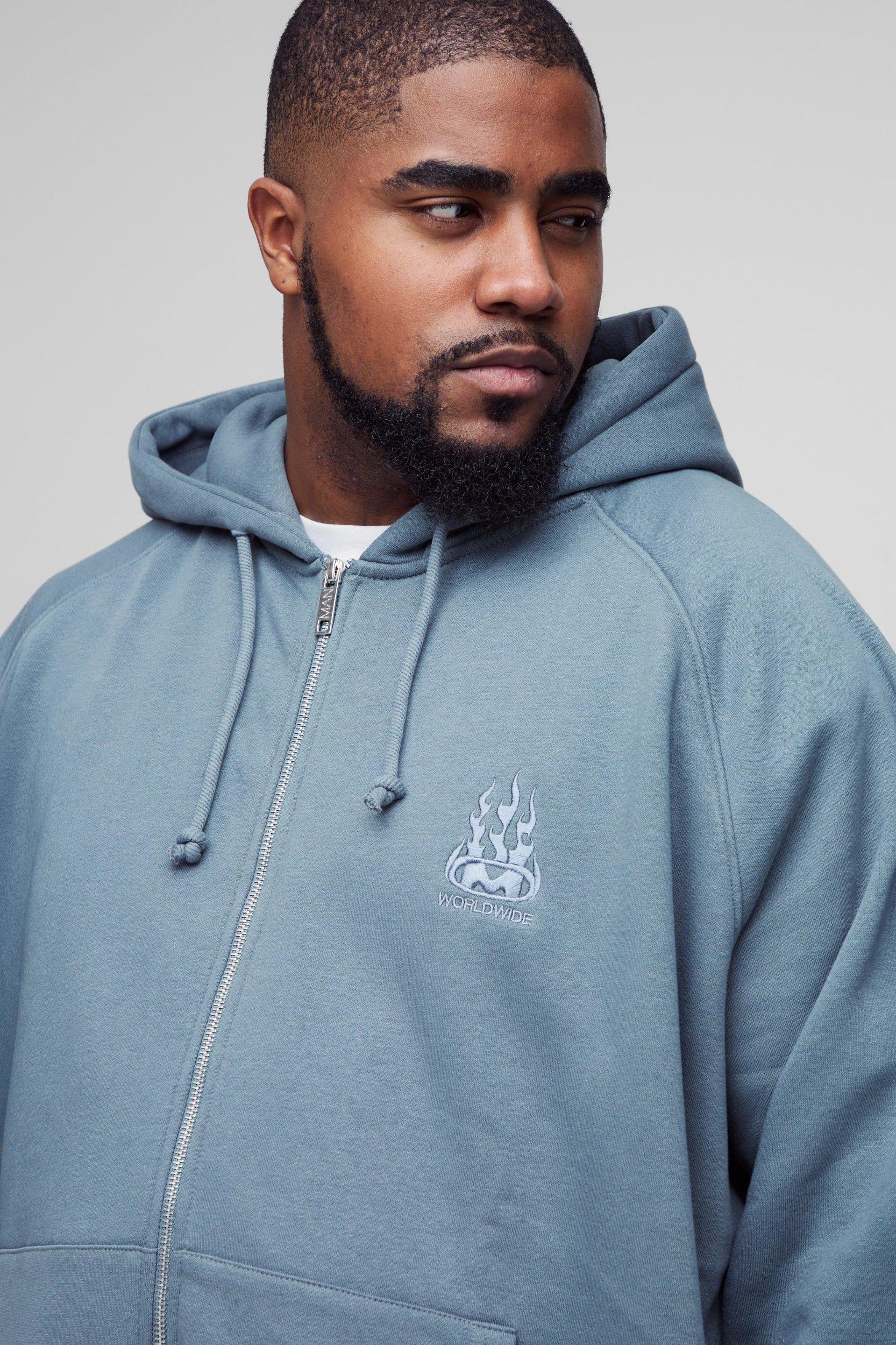 Plus Oversized Raglan Zip Thru Embroidered Spray Wash Hoodie | boohooMAN USA Product Image