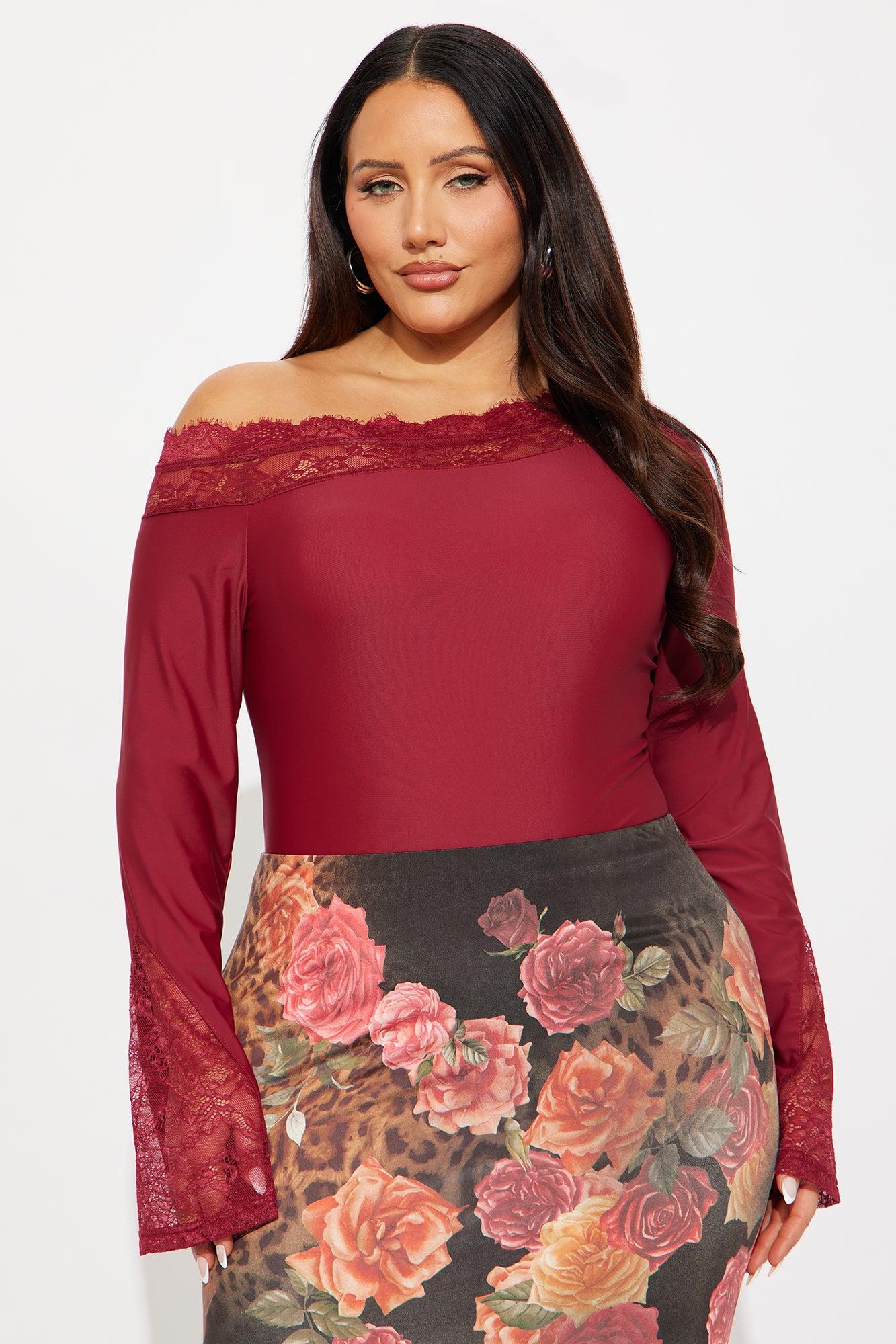 Château Living Off Shoulder Lace Trim Bodysuit - Burgundy Female Product Image