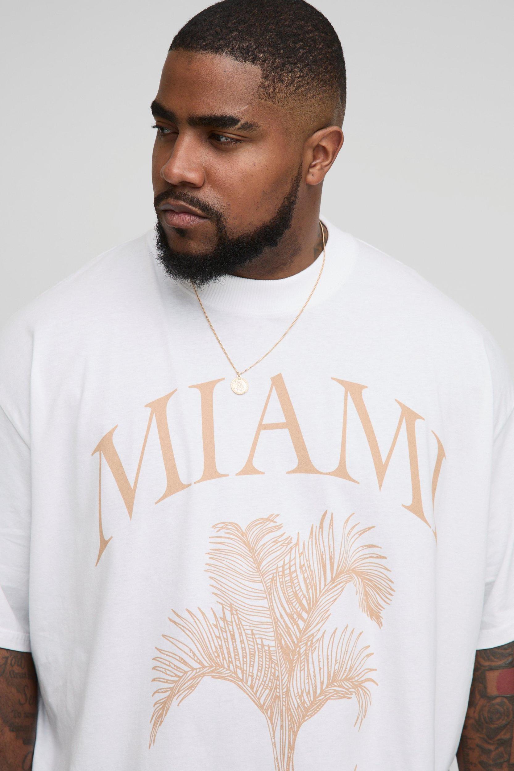 Plus Oversized Extended Neck Miami Palm Print T-Shirt | boohooMAN USA Product Image
