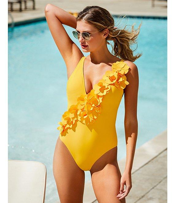 Antonio Melani Solid Rosette Deep V-Neck One Piece Swimsuit Product Image