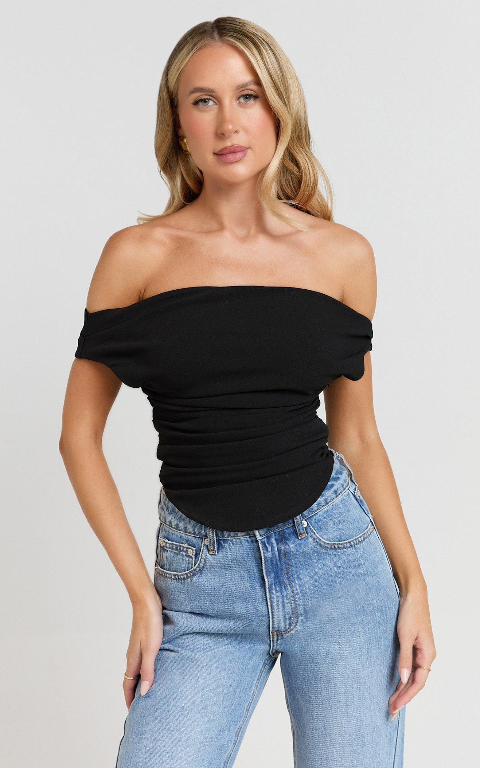 Cleo Top - Off Shoulder Curved Hem Top in Black Product Image