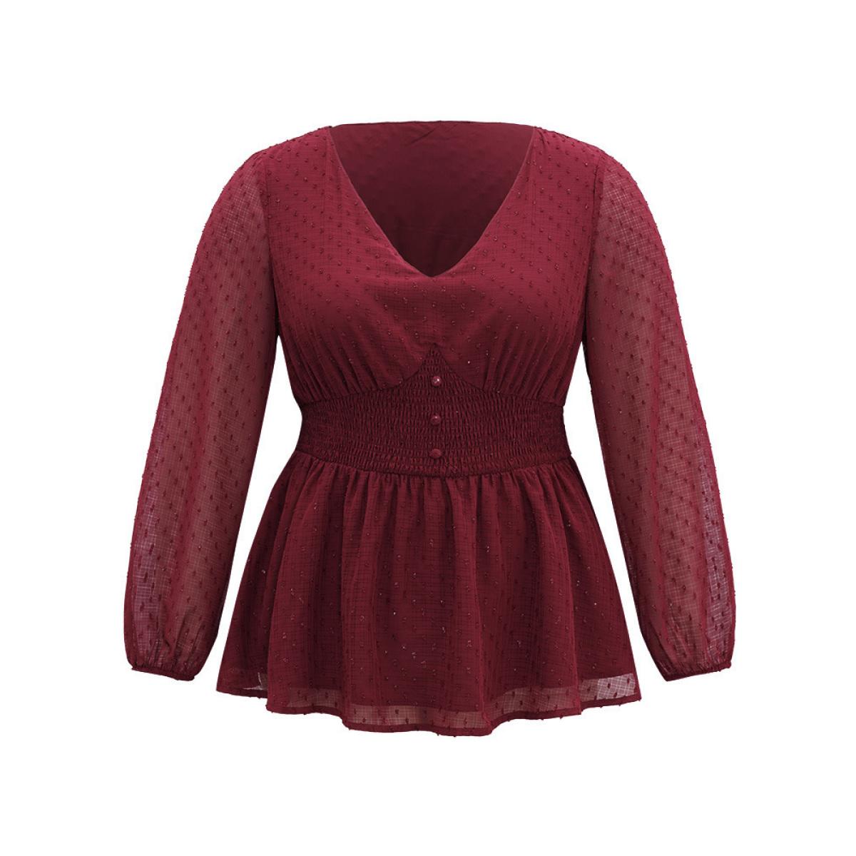Plus Size Burgundy Plain Textured Shirred Lantern Sleeve Blouse Women Glamour Long Sleeve V-neck Office Blouses BloomChic 26/4X Product Image
