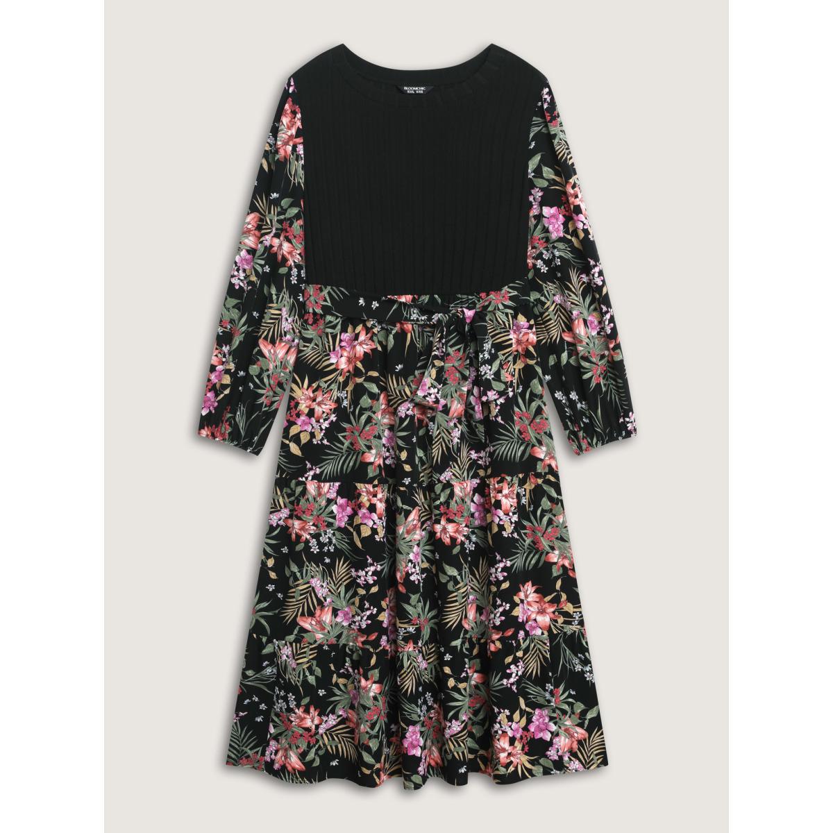 Plus Size Floral Print Color Contrast Midi Dress Black Women Timeless Texture Round Neck Long Sleeve Curvy BloomChic 22-24/3X Product Image