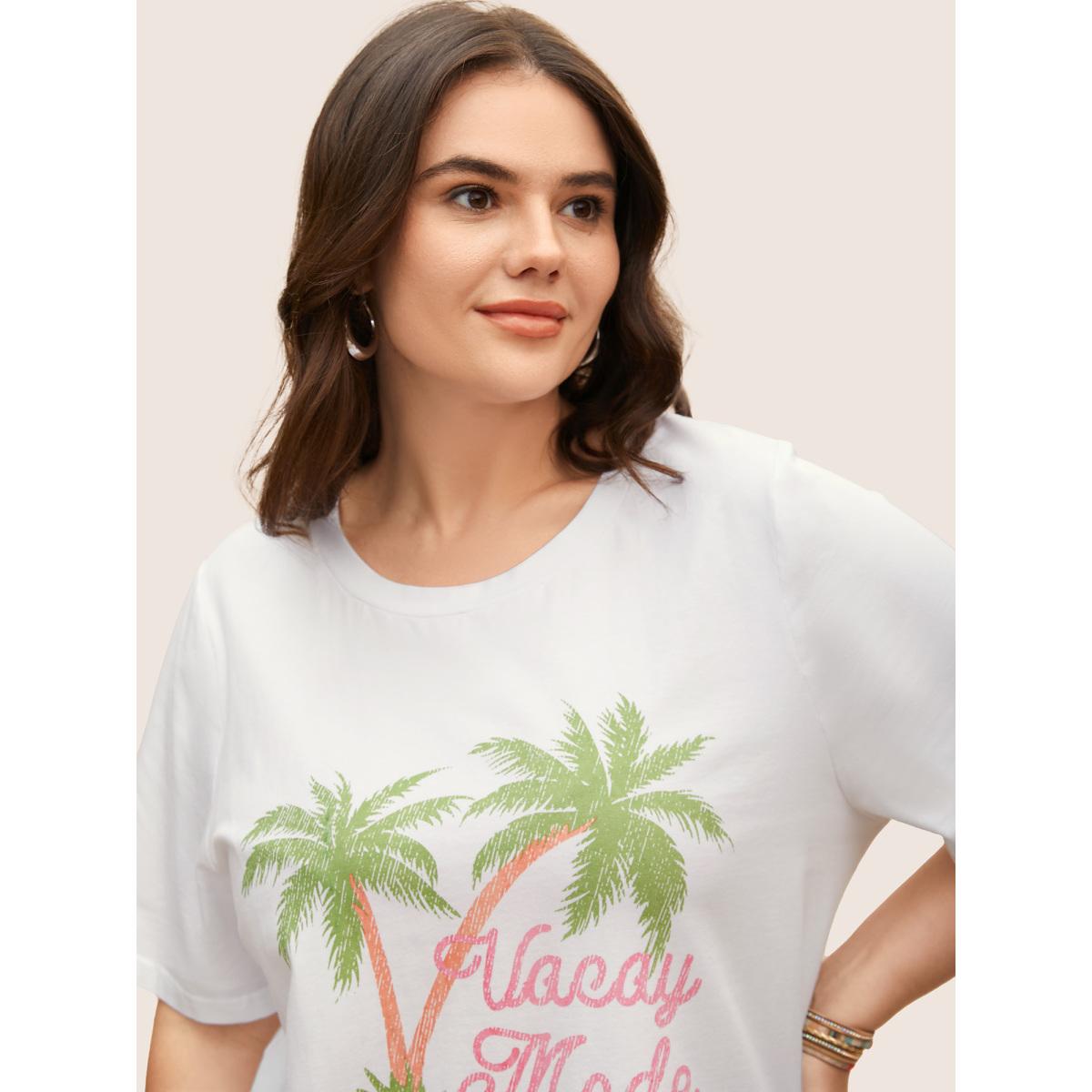 Plus Size Cotton Vacation Tropical Print Round Neck T-shirt Originalwhite Women Resort Contrast Tropical Round Neck Vacation T-shirts BloomChic 12/L Product Image