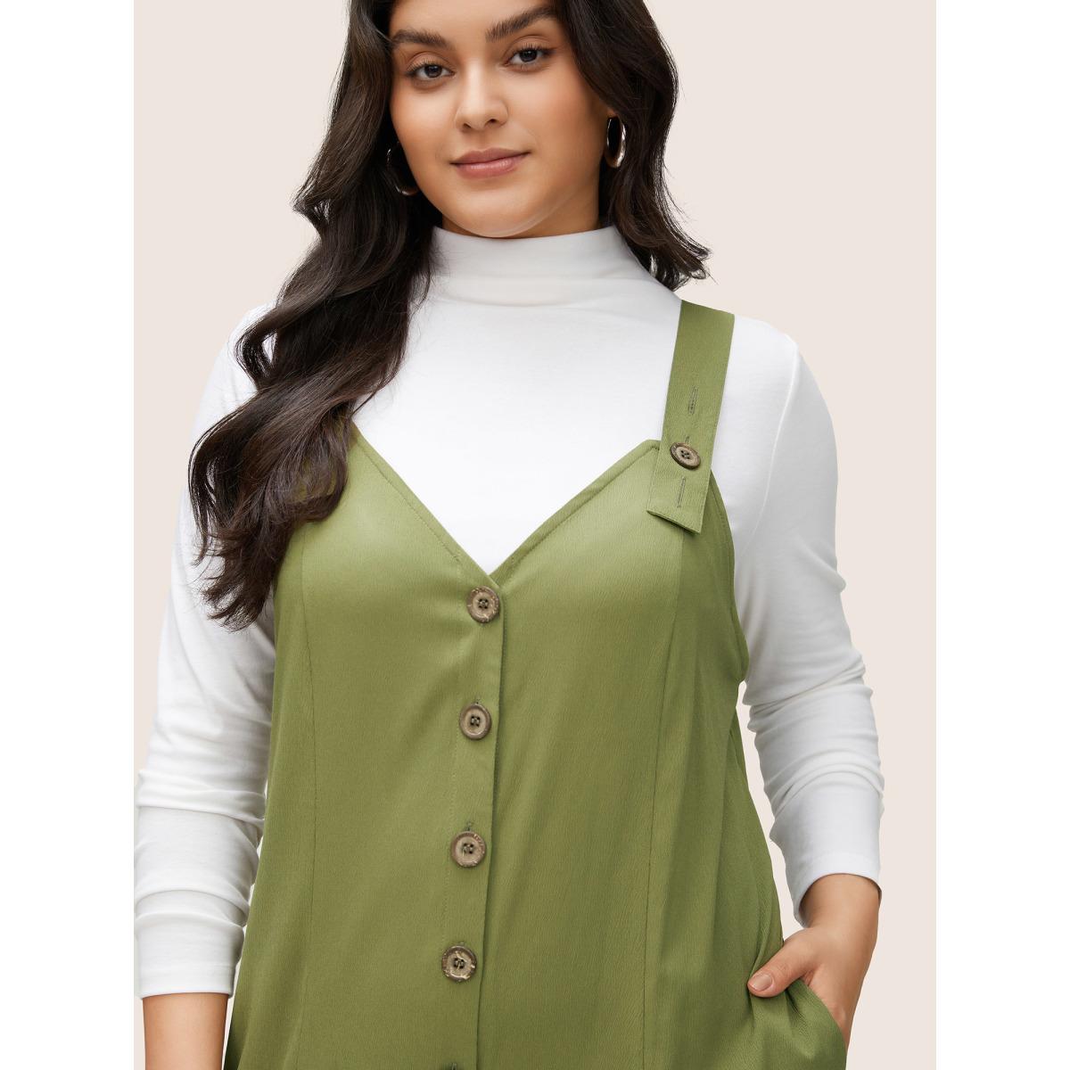 Plus Size ArmyGreen Solid Texture Button Up Crinkled Jumpsuit Women Casual Sleeveless V-neck Everyday Loose Jumpsuits BloomChic 12/L Product Image