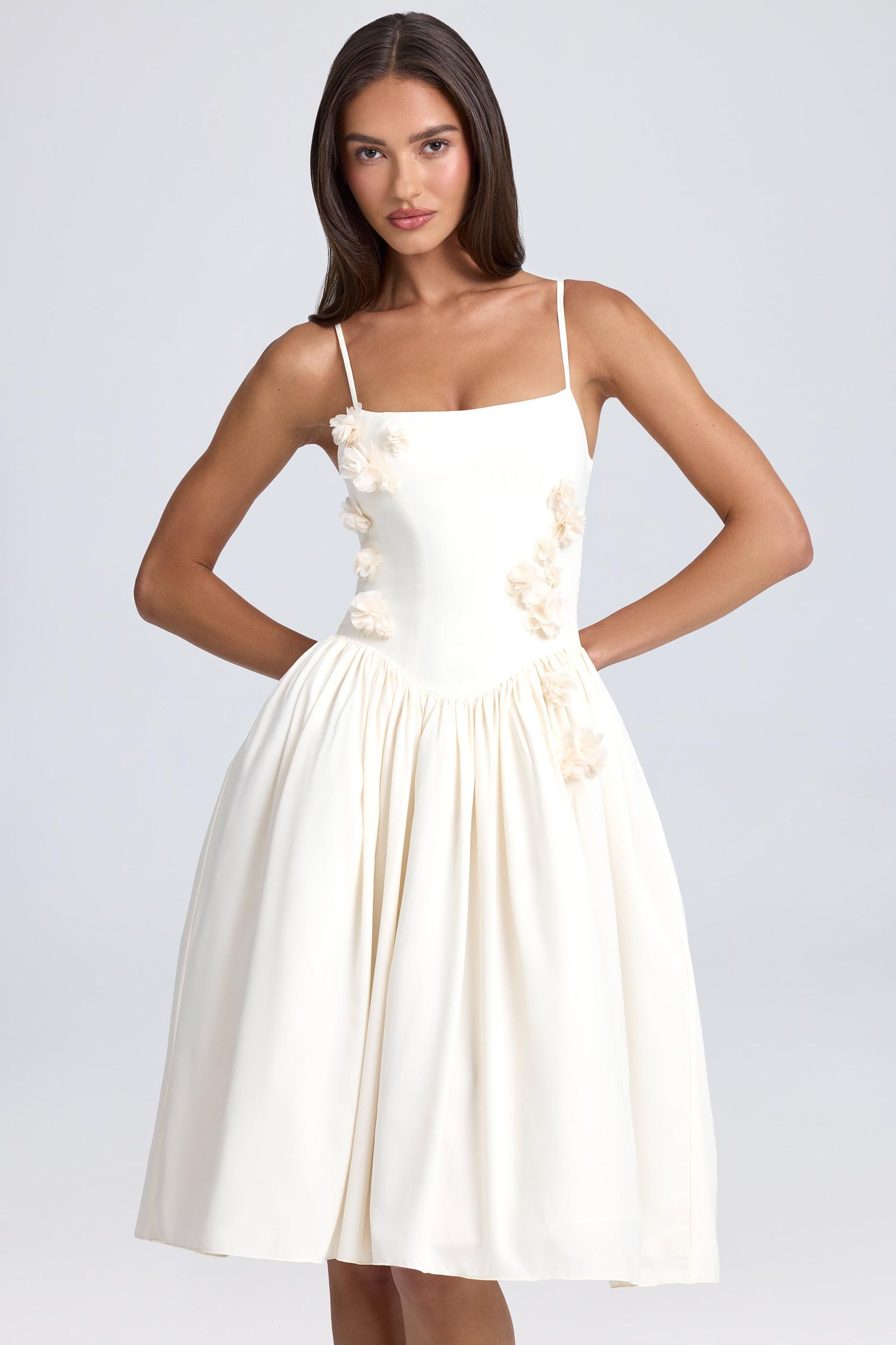Floral-Appliqué Midi Dress in Ivory Product Image