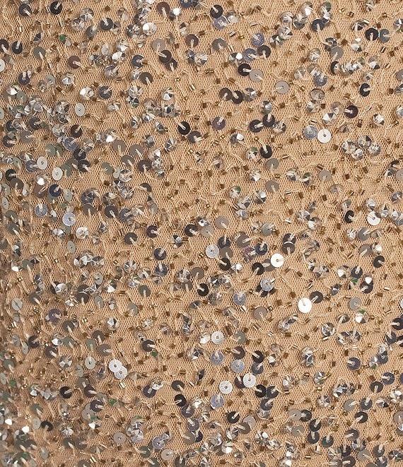 Pisarro Nights Sequin Mesh Crew Neck 3/4 Sleeves Cold Shoulder A-Line Dress Product Image