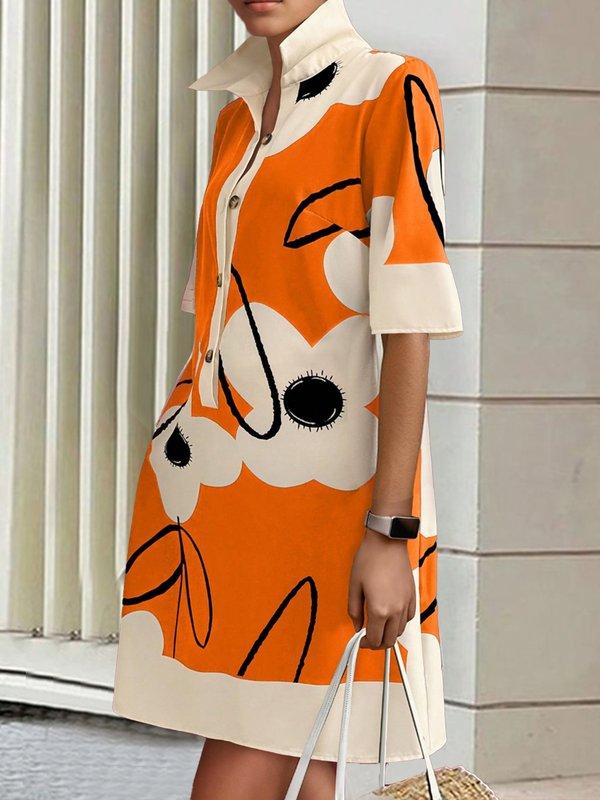 A-Line Half Sleeves Buttoned Contrast Color Flower Print Pockets Stand Collar Mini Dresses Product Image