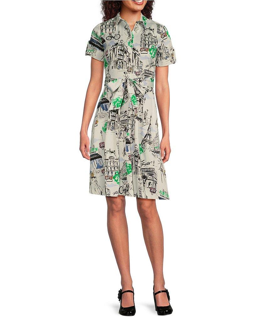 KARL LAGERFELD PARIS Poplin Printed Point Collar Short Sleeve Shirt Dress Product Image