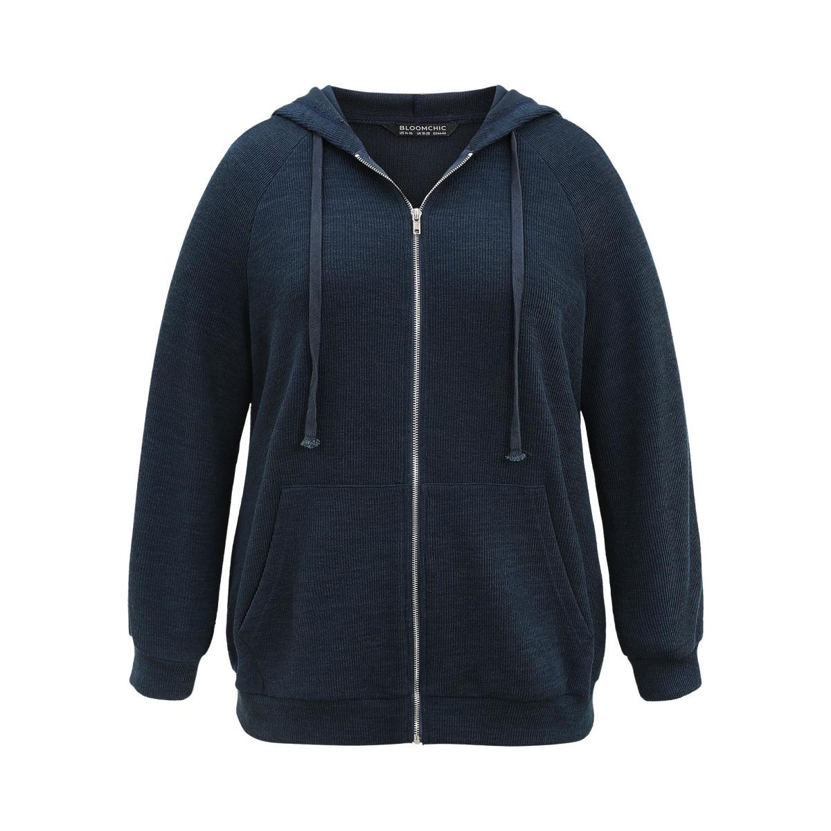 Plus Size Rib Knit Raglan Sleeve Hooded Drawstring Sweatshirt Women Indigo Casual Texture Hooded Dailywear Sweatshirts BloomChic 12/L Product Image