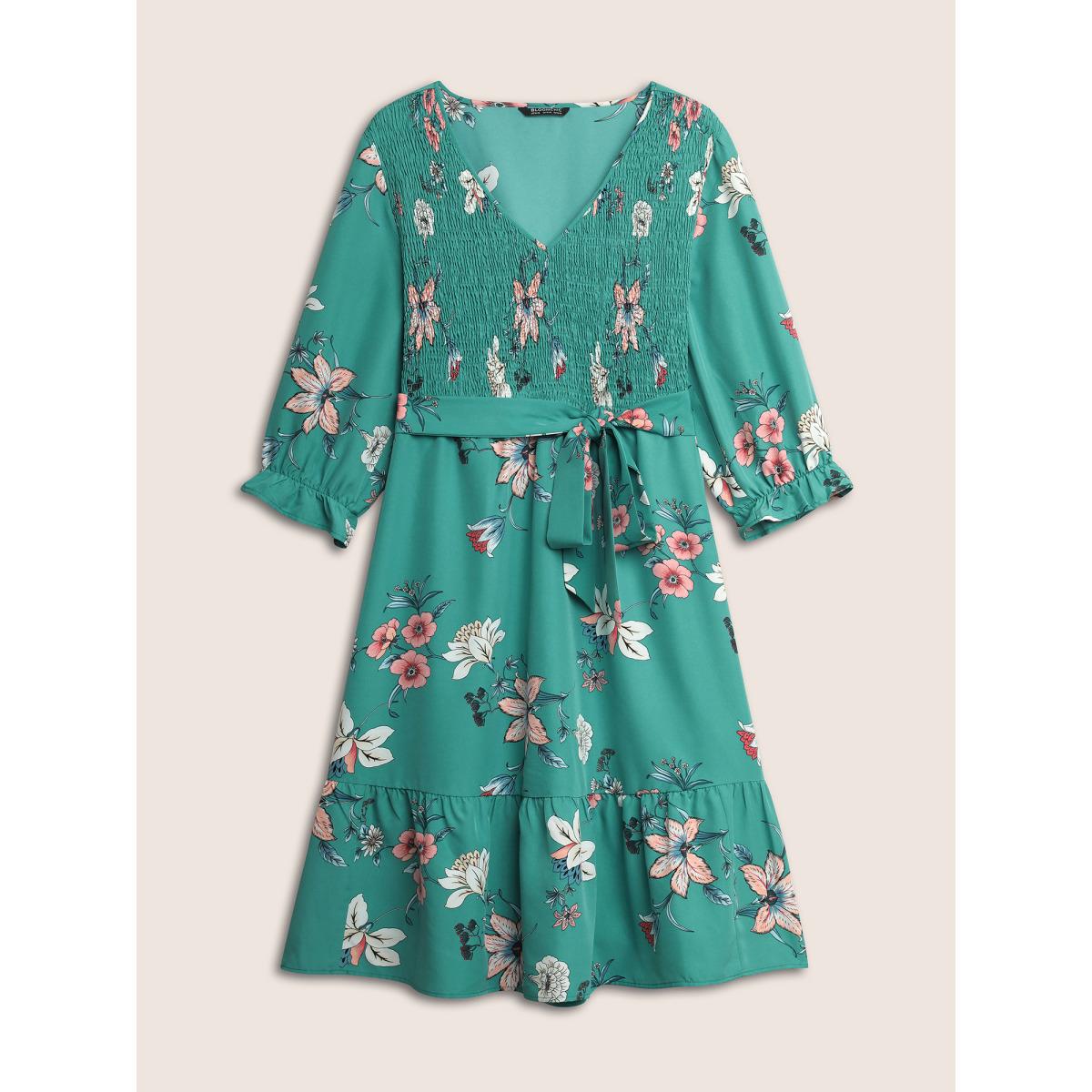 Plus Size Floral Print Shirred Front Ruffle Sleeve Dress Turquoise Women Elegant Non V-neck Elbow-length sleeve Curvy Midi Dress BloomChic 10/M Product Image