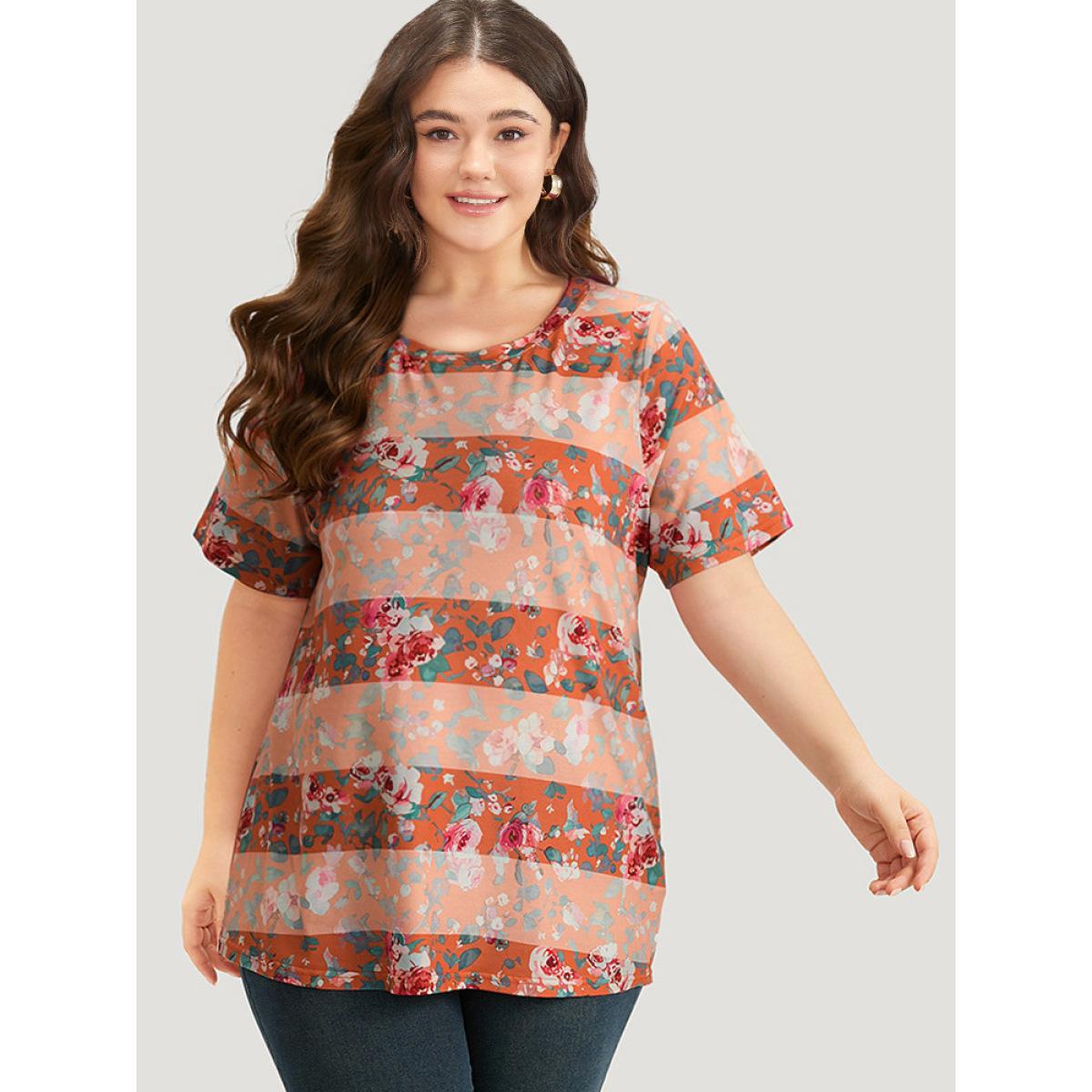 Plus Size Halloween Floral Print Striped Crew Neck T-shirt Multicolor Women Casual Printed Plants Round Neck Festival-Halloween T-shirts BloomChic 22-24/3X Product Image