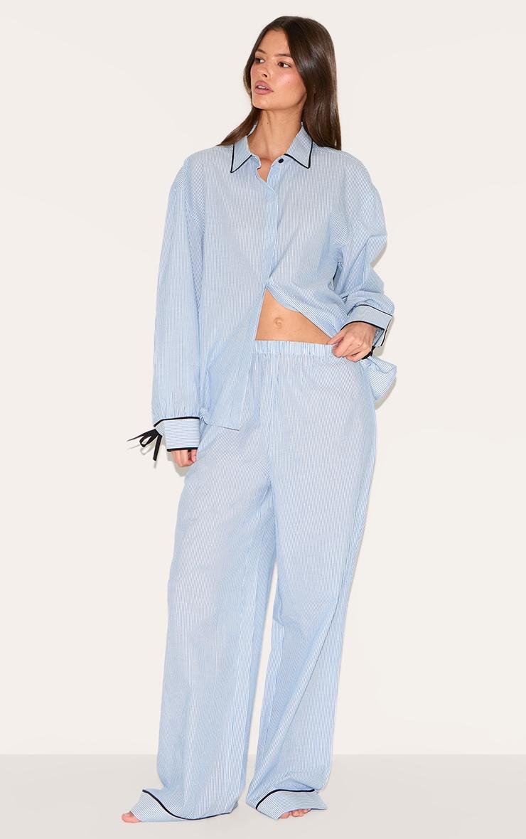 Blue Stripe Contrast Piping Tie Detail Long Pj Set Product Image