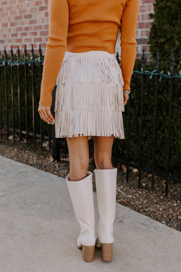 Boho Flow Faux Suede Fringe Skirt in Cream Product Image