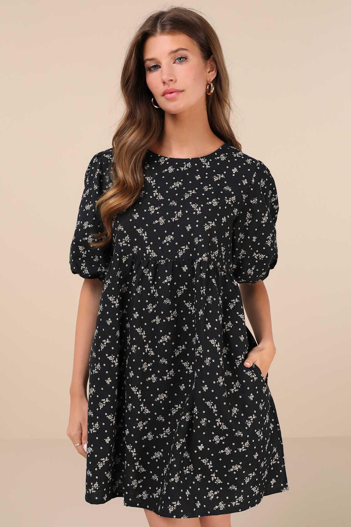 Marate Black Floral Puff Sleeve Mini Dress Product Image