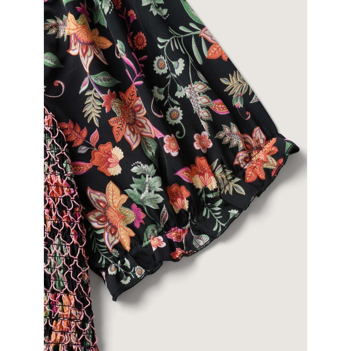 Plus Size Net Shirred Paisley Print Midi Dress Black Women Shirred Square Neck Short sleeve Curvy BloomChic 18-20/2X Product Image