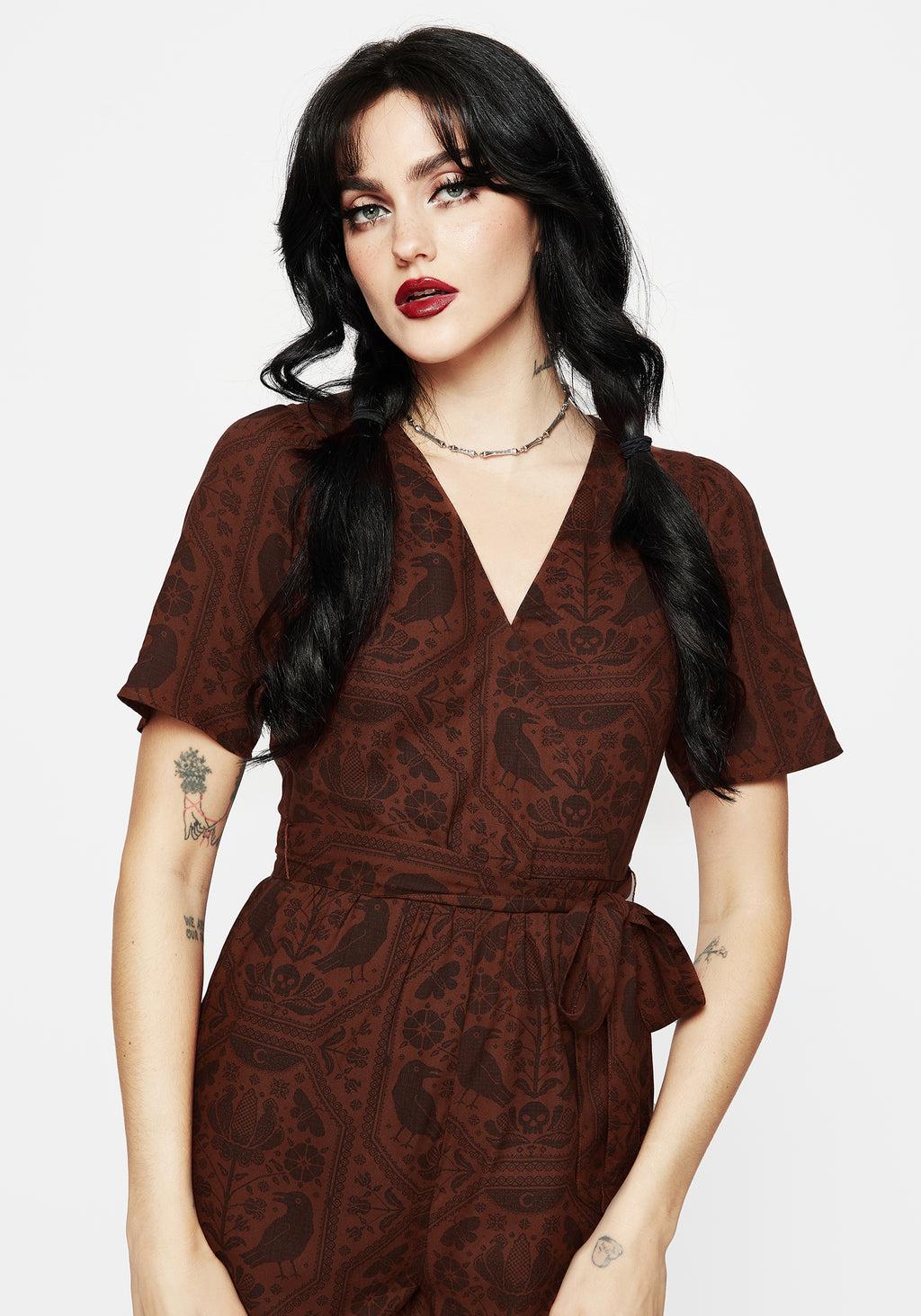 Annabel Raven Print Tie Waist Playsuit - Rust Product Image