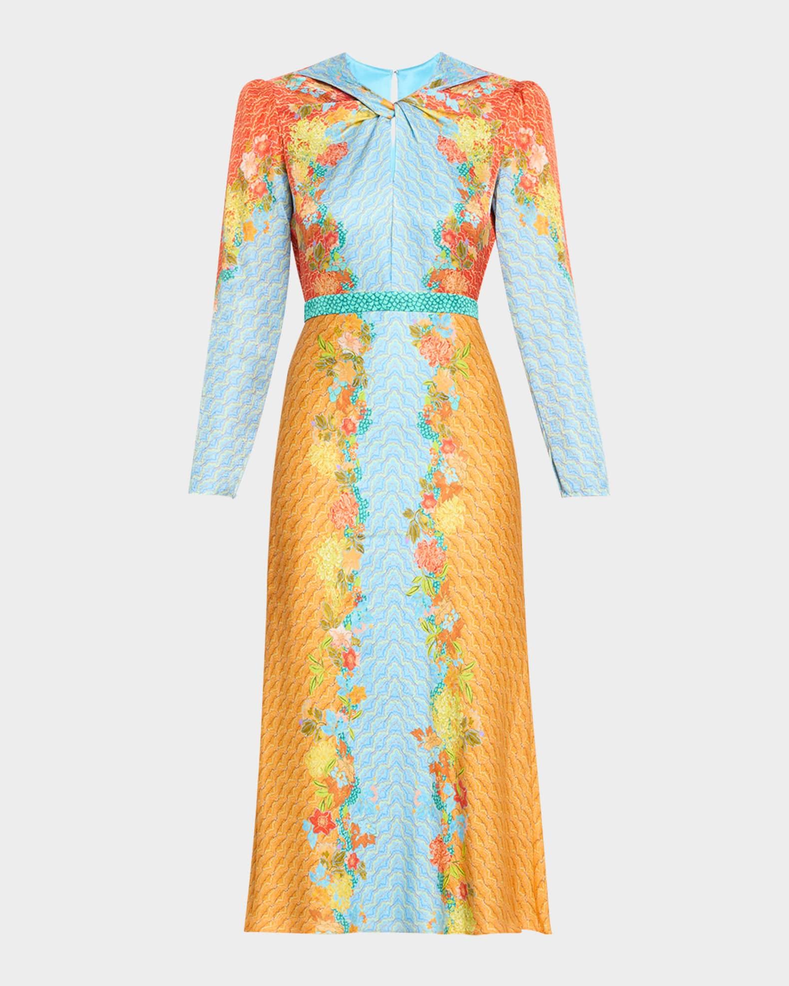 Claudia Floral Silk Long-Sleeve Fluted Midi Dress Product Image
