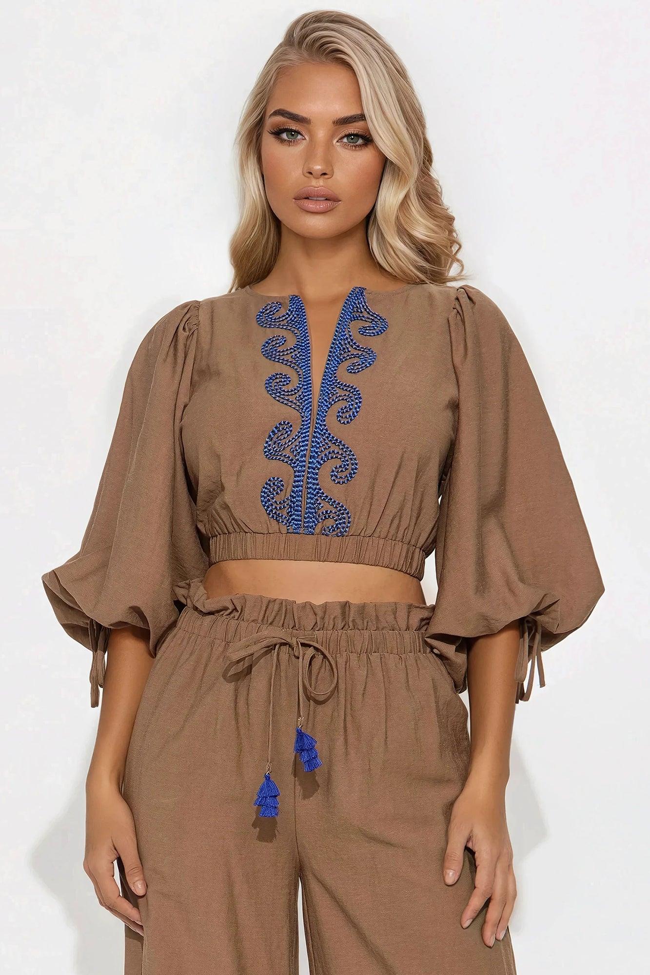 Cecilia Embroidered Linen Pant Set - Mocha Product Image